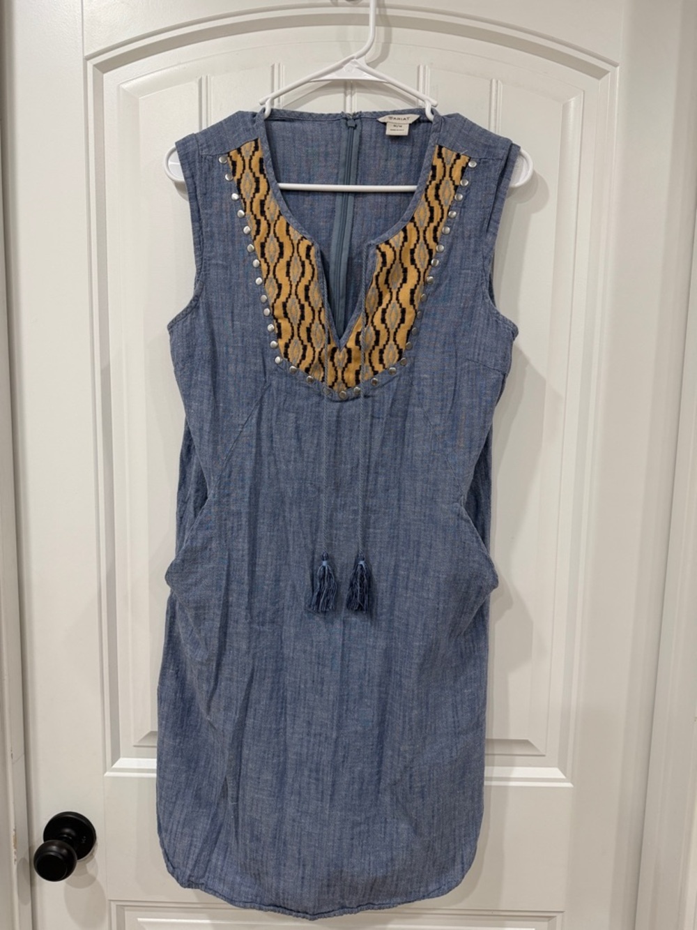 EUC Ariat Blue Sleeveless Chambray Dress with Tassel Neck - Picture 2 of 8